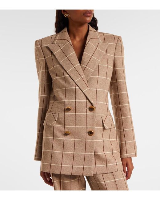 Valentino Brown Checked Double-Breasted Virgin Wool Blazer