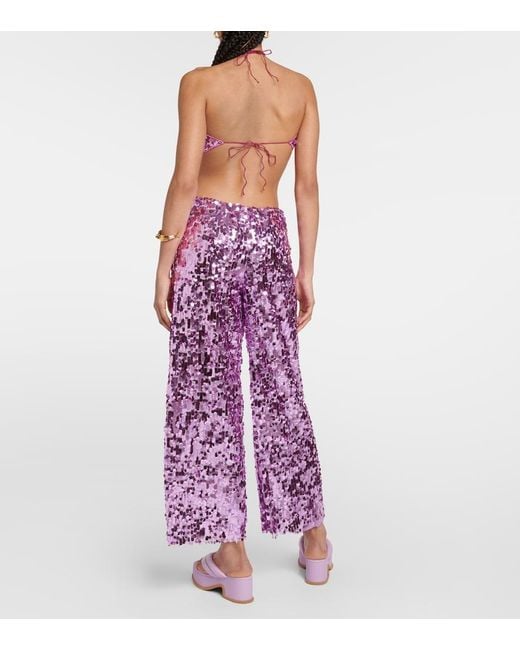 Oseree Purple Sequined High-Rise Wide-Leg Pants