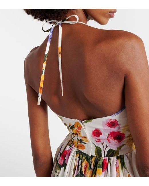 Robe Midi Dos Nu En Popeline De Coton À Imprimé Fleuri Et À Fronces Dolce & Gabbana en coloris White