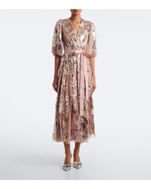 Elie Saab Pink Sequined Silk-Blend Lace Wrap Dress