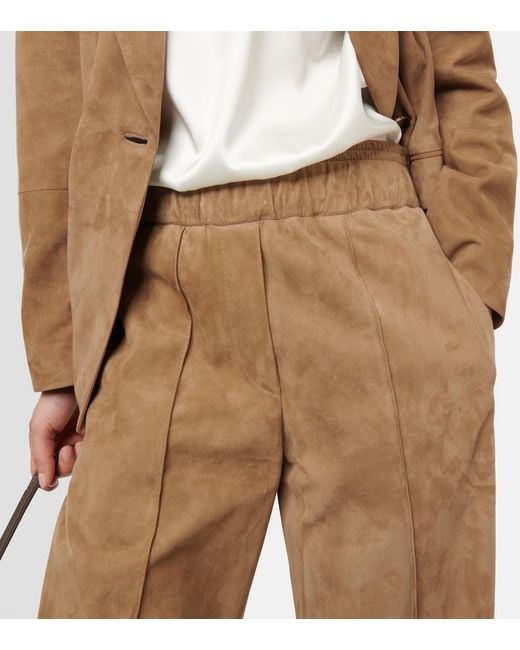 Brunello Cucinelli Natural Wide-Leg Suede Pants