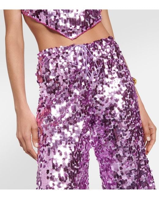 Oseree Purple Sequined High-Rise Wide-Leg Pants