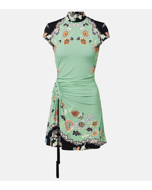 Roberto Cavalli Green Floral Gathered Jersey Minidress