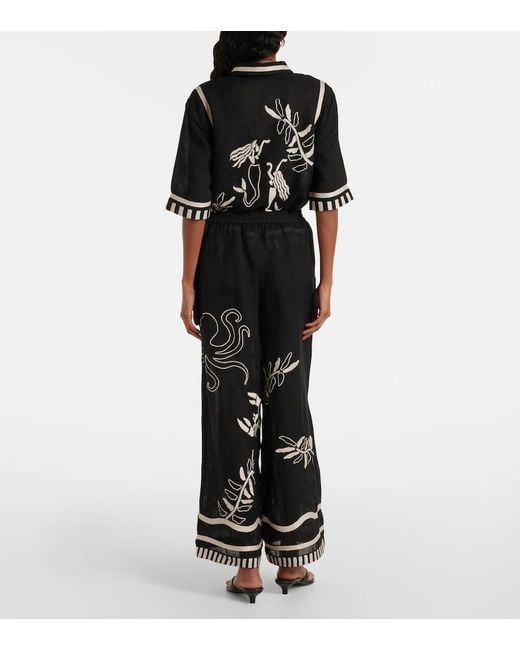 Eres Black Octopus Embroidered Linen Wide-Leg Pants