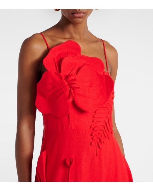 Vestido Midi De Mezcla De Lino Con Aplique Floral Farm Rio de color Red