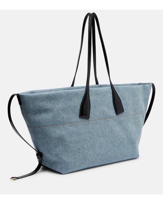 Balmain Blue Track Leather-Trimmed Denim Tote Bag