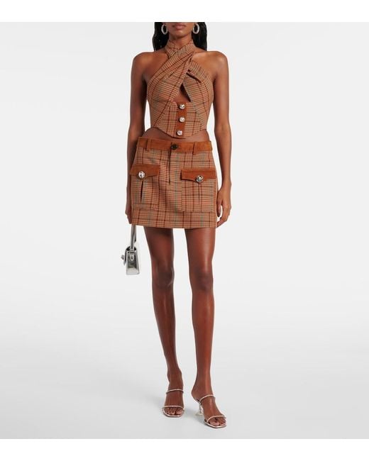 Area Brown Checked Wool-Blend Miniskirt