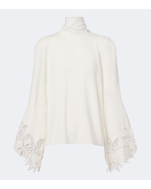 Oscar de la Renta White Embroidered Silk-Blend Georgette Blouse