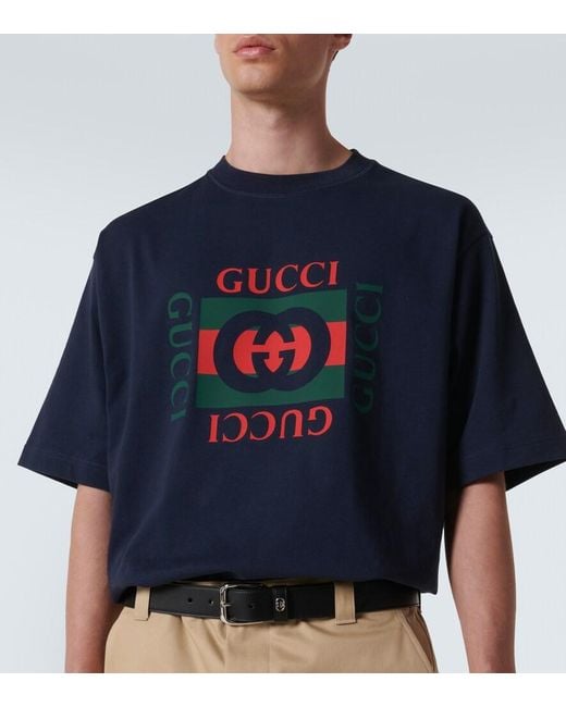 Gucci Blue Cotton Jersey T-Shirt With Print for men