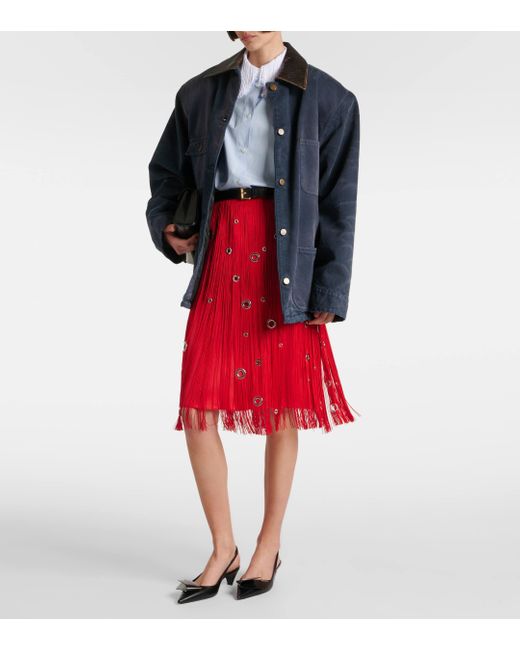 Prada Red Fringed Embellished Silk Midi Skirt