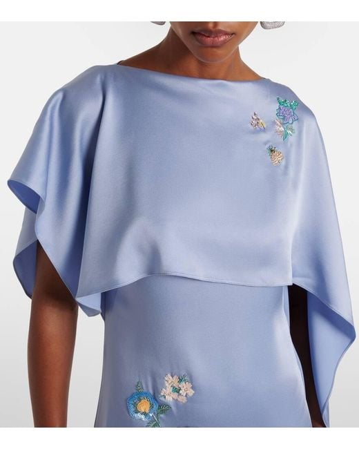 Erdem Blue Embellished Caped Satin Cady Gown