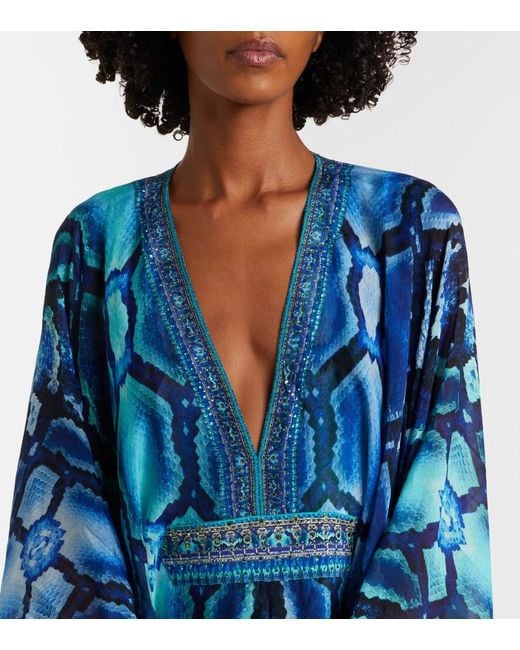Camilla Blue Embellished Printed Silk Kaftan