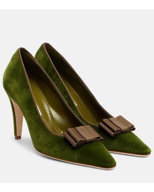 Manolo Blahnik Green Readorhi Bow-Detail Velvet Pumps