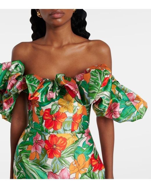 ALÉMAIS Green Printed Off-Shoulder Maxi Dress
