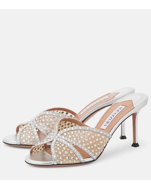 Aquazzura Metallic Crystal Lover 75 Leather-Trimmed Mules