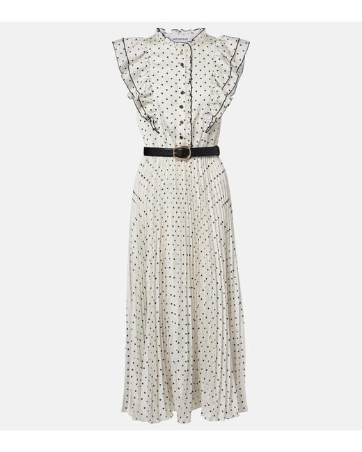 Self-Portrait White Belted Polka-Dot Pleated Midi Dress