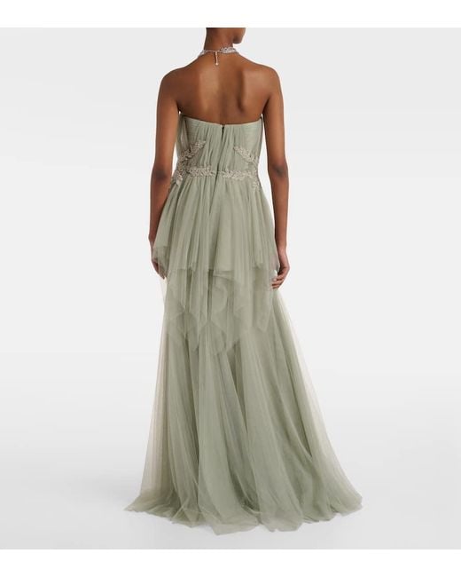 Costarellos Green Embellished Tulle Corset Gown