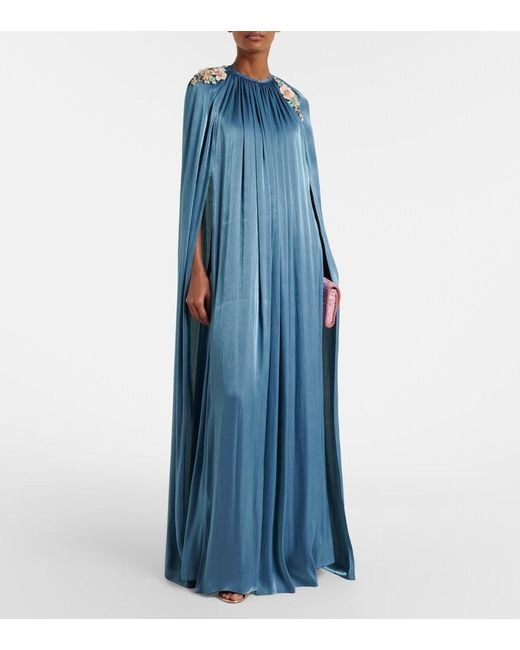Costarellos Blue Embellished Pleated Caped Bustier Gown