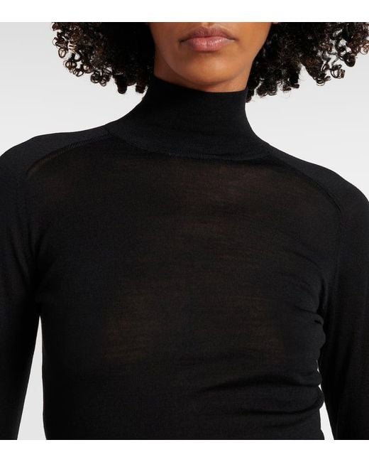 Alaïa Blue Faux Fur-Trimmed Wool Turtleneck Top