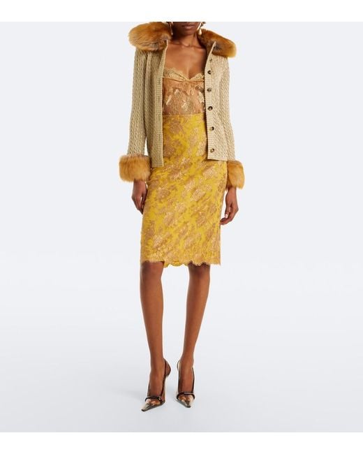 Saint Laurent Yellow Lace Pencil Skirt