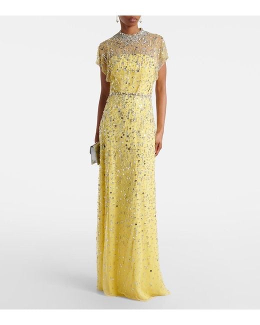 Jenny Packham Yellow Crystal Drop Beaded Gown