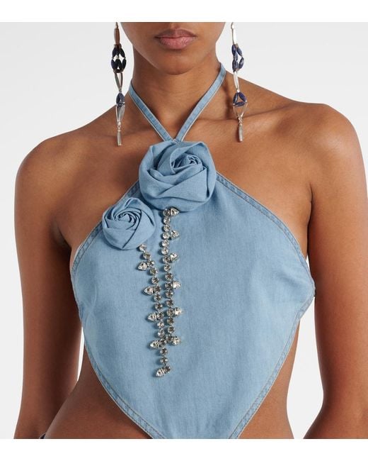 Area Blue Embellished Floral-Applique Cotton Top