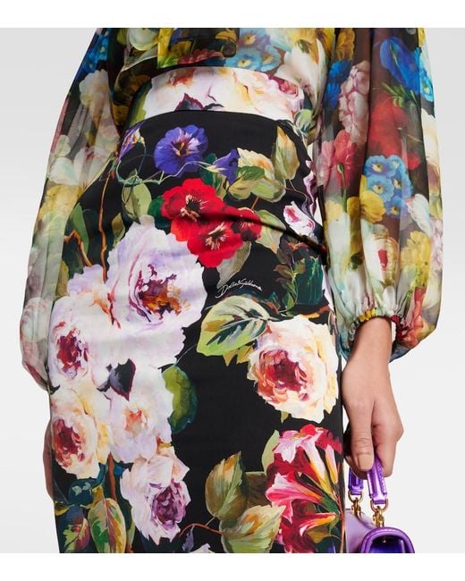 Dolce & Gabbana Multicolor Charmeuse Calf-Length Skirt With Rose Garden