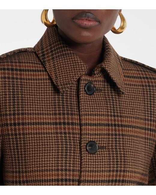 Saint Laurent Brown Belted Prince Of Wales Wool Coat