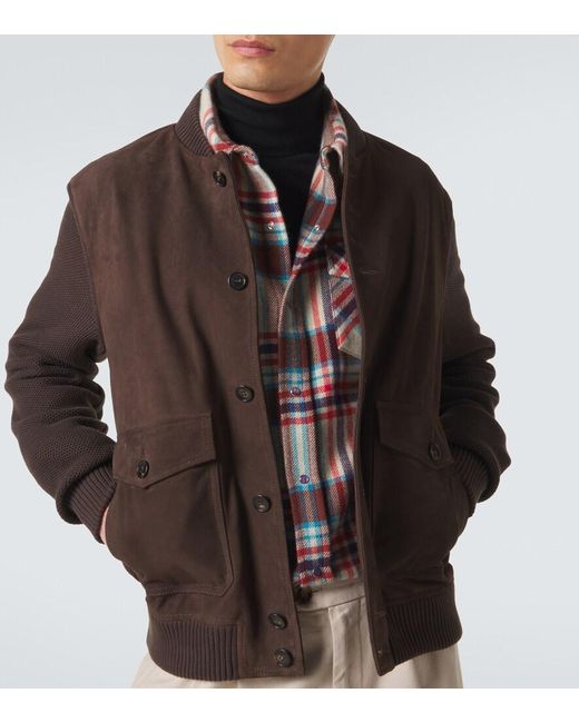 Slowear Brown Cotton-Trimmed Suede Bomber Jacket for men