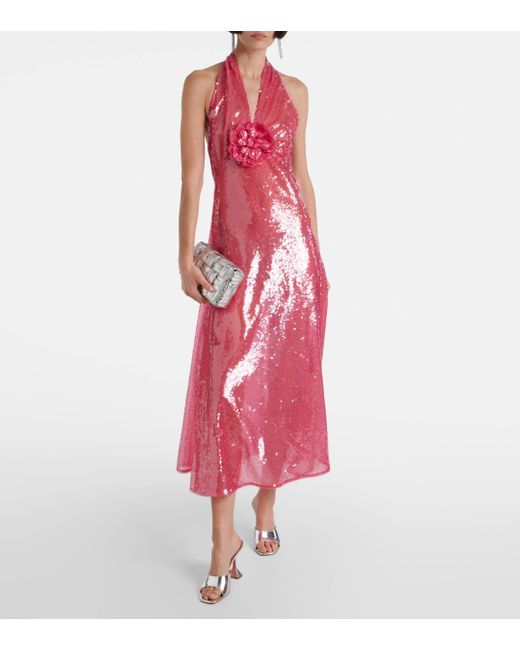 Rodarte Pink Floral-applique Sequined Midi Dress