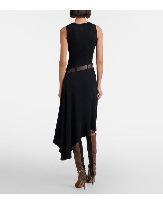 Loewe Black Belted Ribbed-Knit Draped Cotton-Blend Midi Dress