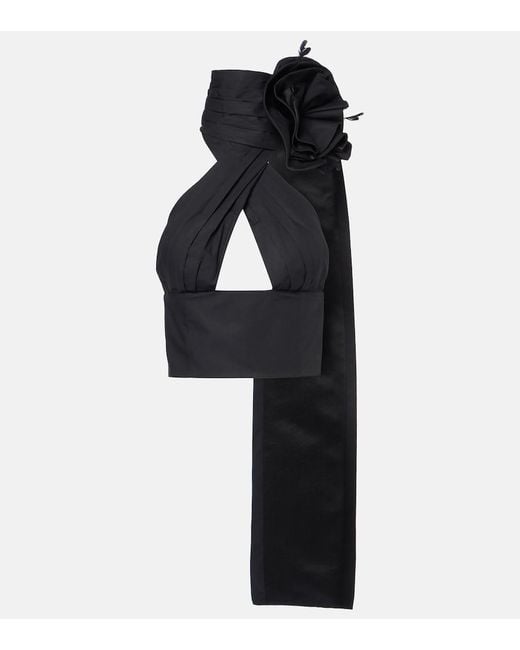 Area Black Floral-Applique Halterneck Cotton Poplin Top