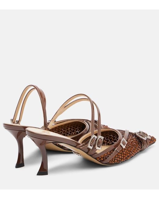 Mach & Mach Brown Crystal Net 65 Leather-Trimmed Mules