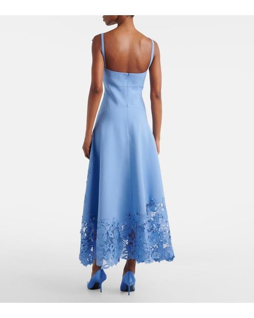 Oscar de la Renta Blue Porcelain Wool-Blend Guipure Midi Dress