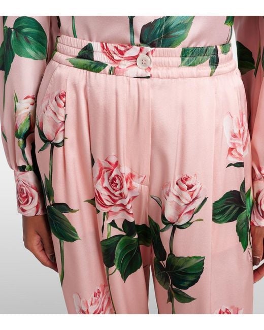 Dolce & Gabbana Pink Rose Print Stretch Silk Pajama Pants