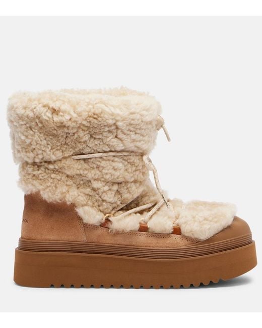 Tory Burch Natural Mellow Shearling And Suede Lace-Up Boots