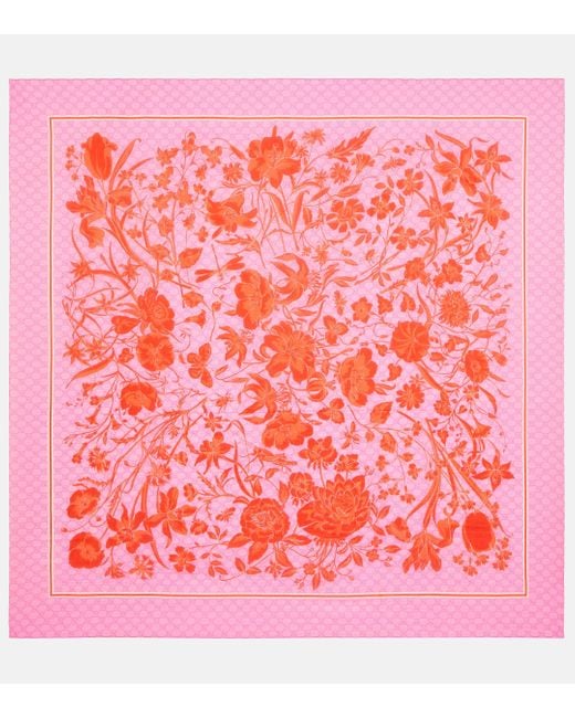 Gucci Pink Floral Cotton And Silk Scarf