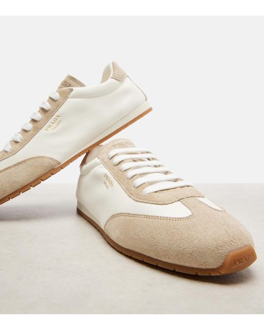 Prada White Suede-Trimmed Leather Sneakers