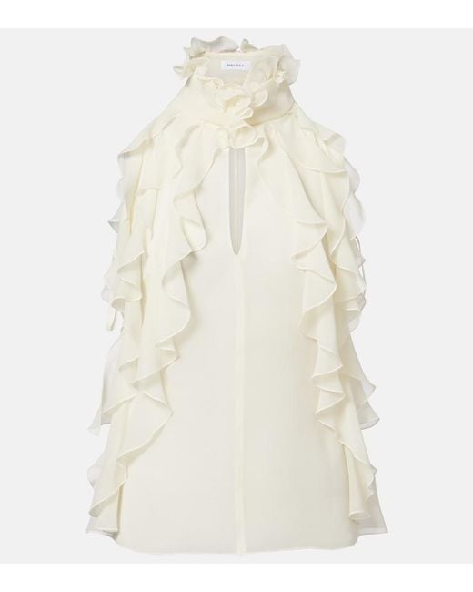 McQueen White Ruffled Cutout Silk Georgette Top
