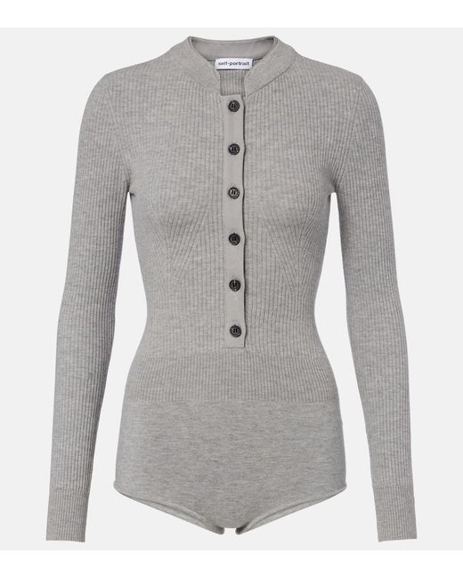 Self-Portrait Gray Ribbed-Knit Romper