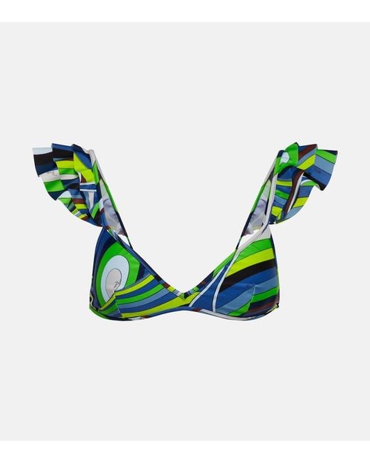 Emilio Pucci Green Printed Ruffled Bikini Top