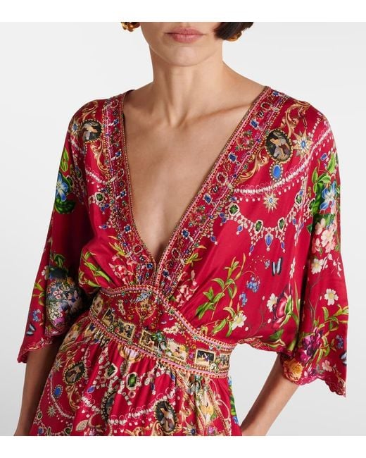 Robe Longue Imprimee En Soie Camilla en coloris Red