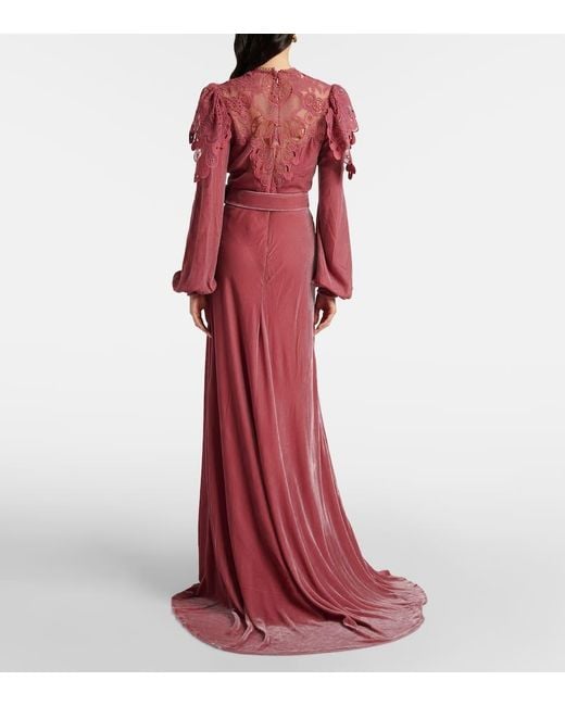Costarellos Red Ashley Lace-Trimmed Velvet Gown