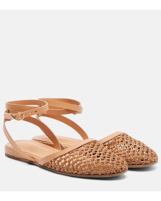 Ancient Greek Sandals Brown Filothea Leather-Trimmed Raffia Slingback Flats