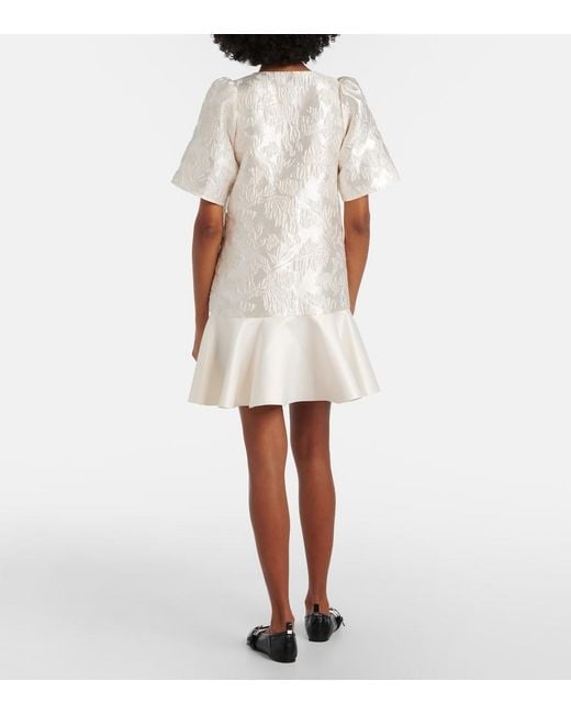 Ganni White Floral Satin Cloque Minidress
