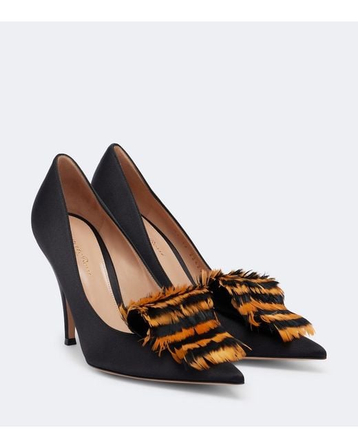 Gianvito Rossi Black Feather-Trimmed Satin Pumps
