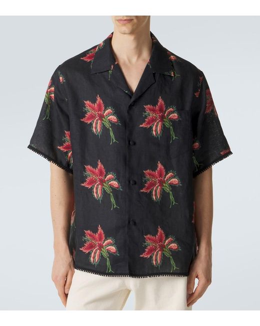Valentino Black Floral Lace-Trimmed Linen Bowling Shirt for men