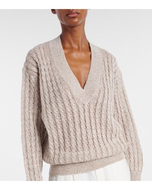 Brunello Cucinelli Gray Sequined Linen-Blend Sweater