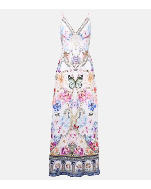 Robe Imprimee En Lin A Cristaux Camilla en coloris White