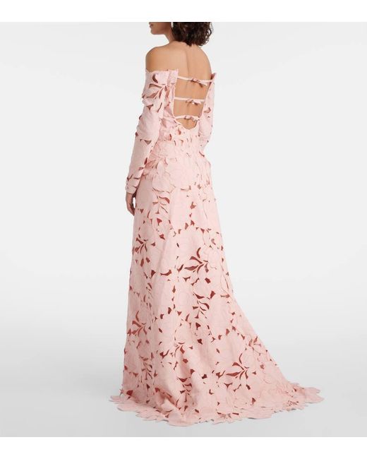 Costarellos Pink Kasia Floral Off-Shoulder Lace Gown